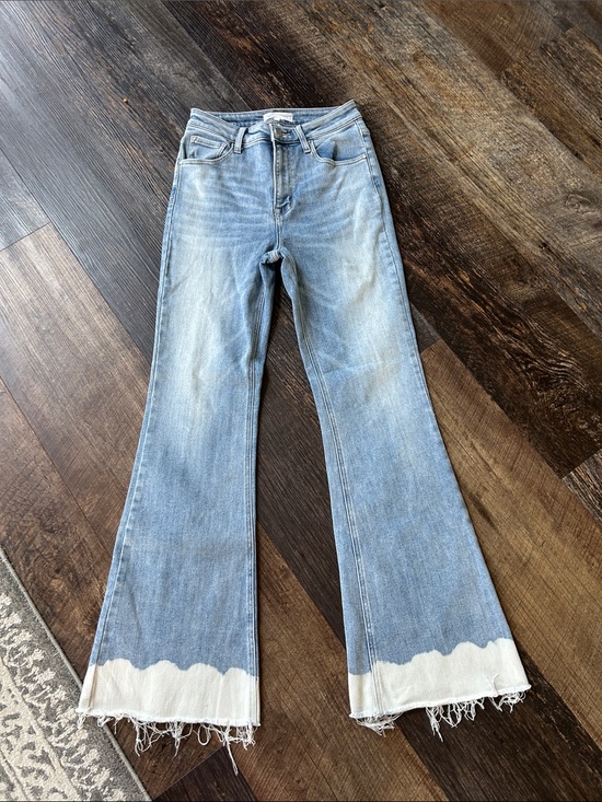 Risen Jeans Denim - Women's Light Blue Flare Jeans with White Hem Detail